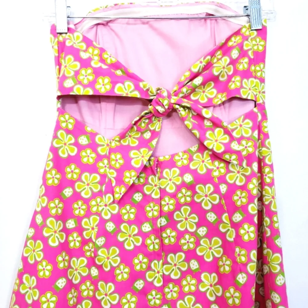 Vintage Lilly Pulitzer Strapless Lip Pink Dunebuggy Floral w/Ladybugs Midi Dress - Picture 6 of 14
